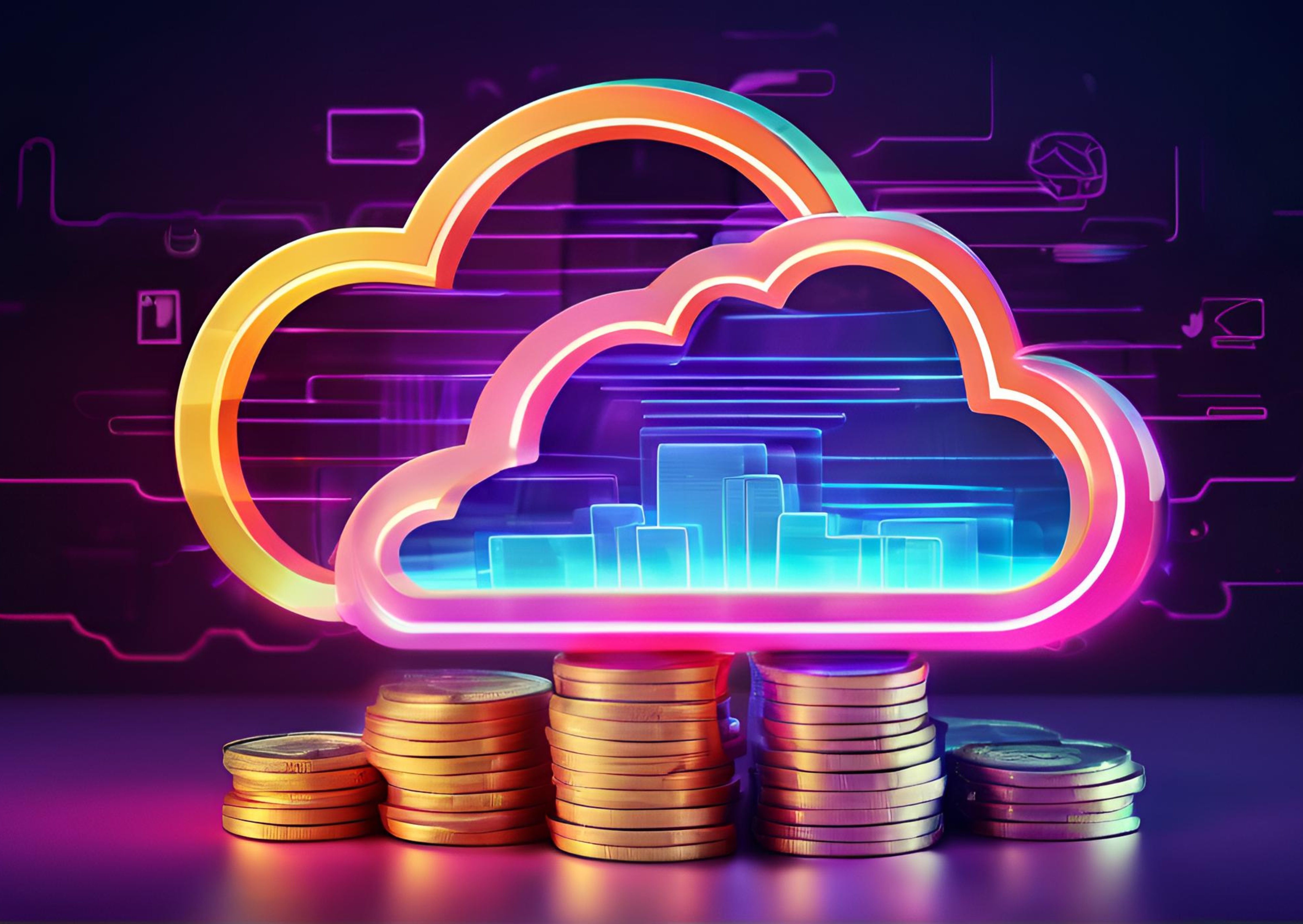 クラウドコスト最適化を表すネオンスタイルのクラウドとコインのイラスト